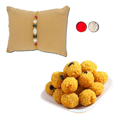 "Splendor Pearl Rakhi - JPJUN-23-037 (Single Rakhi), 500gms of Laddu - Click here to View more details about this Product